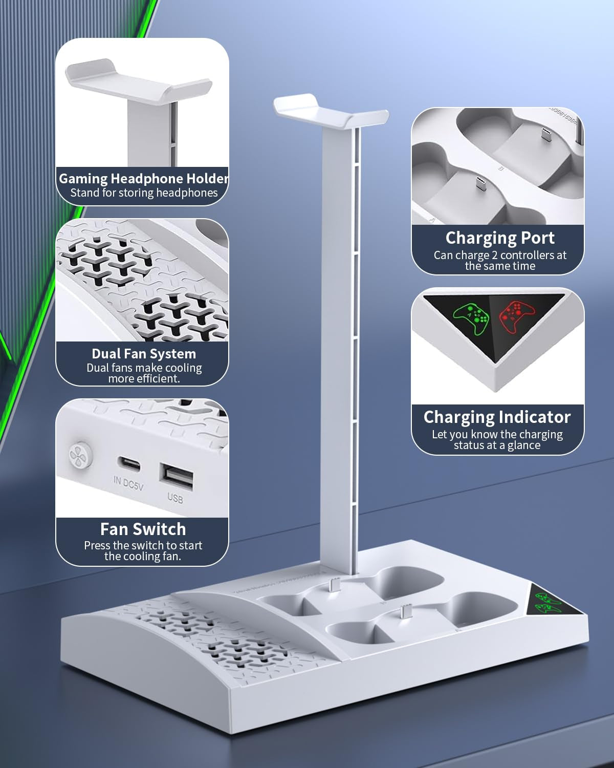 Charger Stand Cooling Fan for Xbox Series S Console & Controller,Vertical Dual Cooler System Charging Dock Accessories with 2 X 1400Mah Rechargeable Battery & Cover,Earphone Bracket for Xbox Series S
